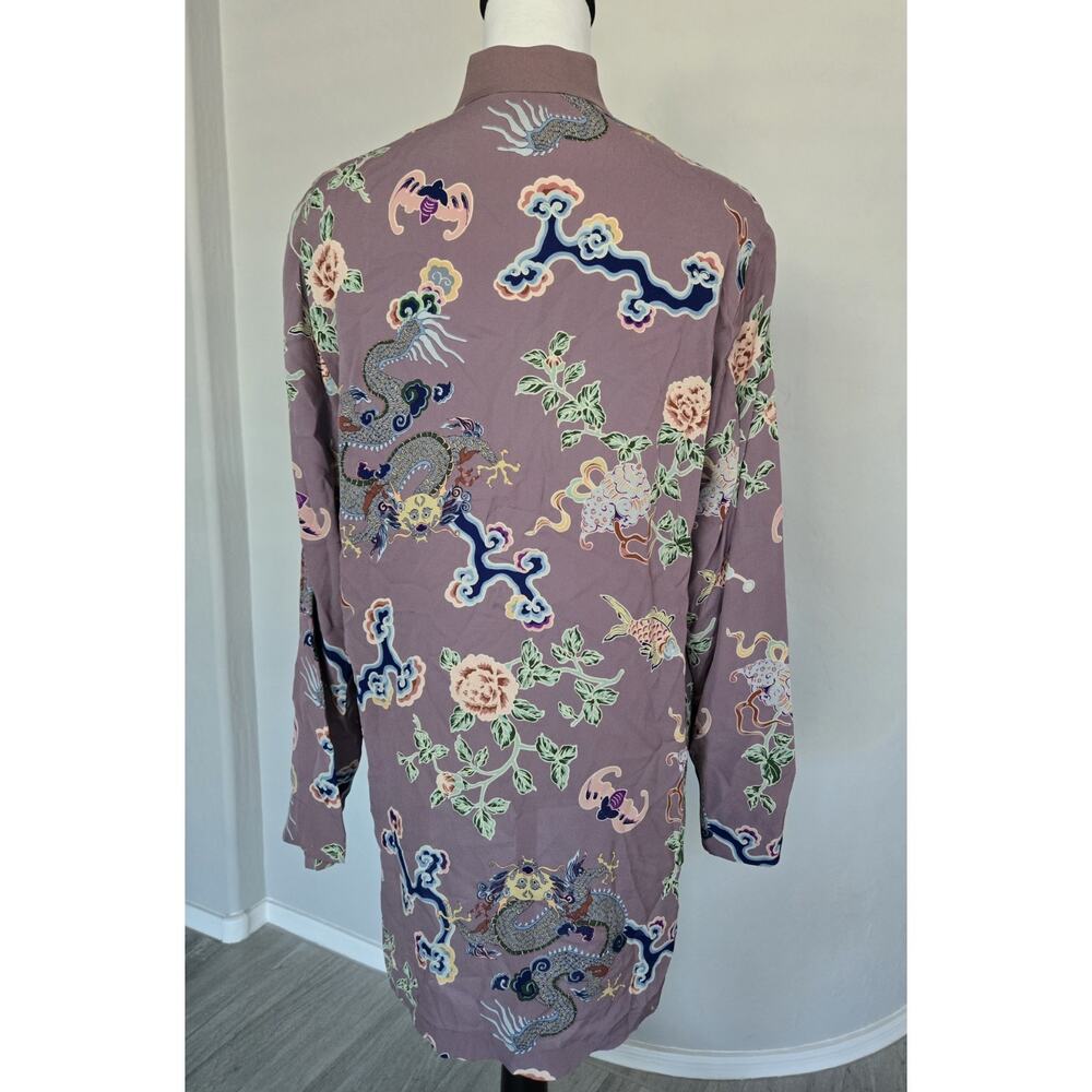 Harari Silk Asian Dragon Print Art Flowy Banded Collar Button Tunic Top Sz S - Picture 6 of 16